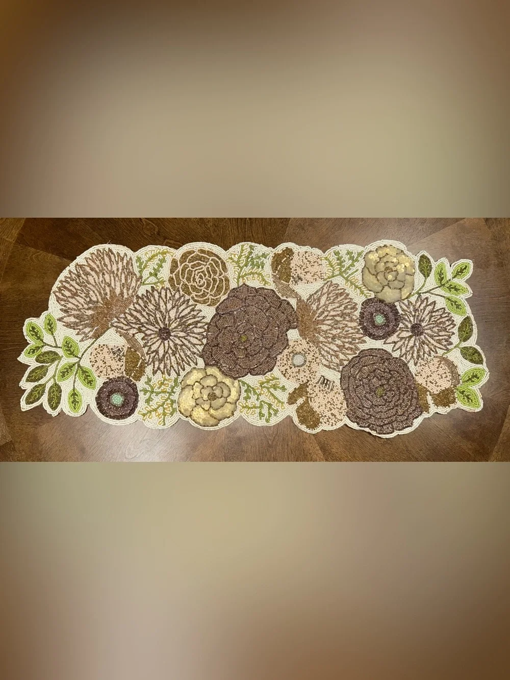 Pier One Imports Spring Floral Beaded Table Runner Gold Bronze Green Beige NICE!